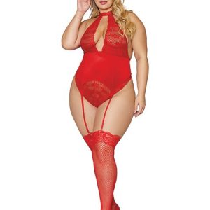 STRETCH LACE & VELVET GARTER TEDDY LIPSTICK RED Q/S