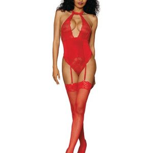 (D)STRETCH LACE & VELVET GART TEDDY LIPSTICK RED O/S