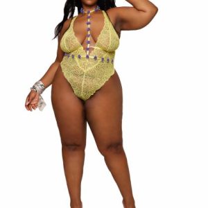 (D) STRETCH LACE TEDDY & ORGAN ROSETTE HARNESS SET CITRUS Q/S