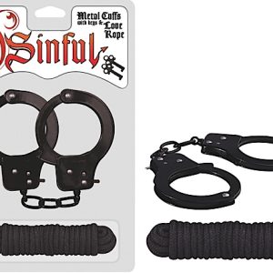 SINFUL METAL CUFFS W/LOVE ROPE BLACK