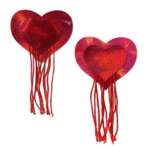 PASTEASE RED HOLOGRAPHIC HEART W/ TASSEL FRINGE