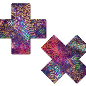PASTEASE PLUS X NEON RAINBOW TIE DYE SNAKE PRINT CROSS NIPPLE PASTIES