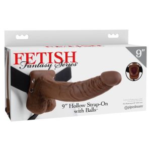 FETISH FANTASY 9 HOLLOW STRAP ON W/BALLS BROWN "
