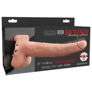 FETISH FANTASY 9 IN HOLLOW RECHARGEABLE STRAP-ON W/ BALLS