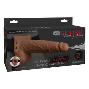 FETISH FANTASY 7.5 IN HOLLOW SQUIRTING STRAP-ON W/ BALLS TAN
