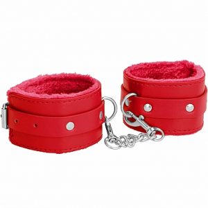 OUCH! PLUSH LEATHER HANDCUFFS RED