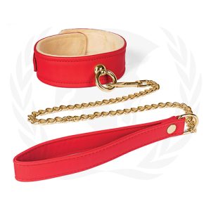 PLUSH LINED RED PU COLLAR & CHAIN LEASH