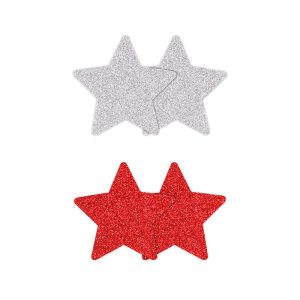 PRETTY PASTIES GLITTER STARS RED/SILVER 2 PAIR