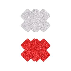 PRETTY PASTIES GLITTER CROSS RED/SILVER 2 PAIR