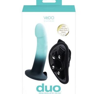 DUO SILICONE DILDO (NON VIBRATING) WITH HARNESS TURQUOISE/BLACK