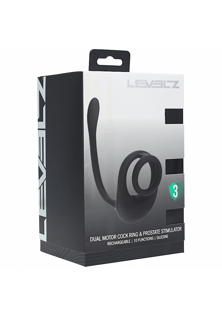 LEVELZ DUAL MOTOR SILICONE COCK RING W/ PROSTATE STIMULAT BLACK